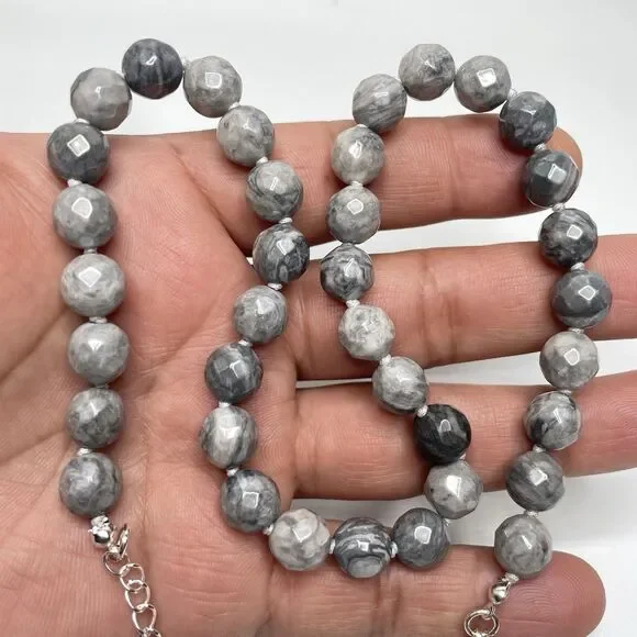 Stunning Unique Gray Picasso Jasper Gemstone Beaded Knotted Necklace 19 Boho